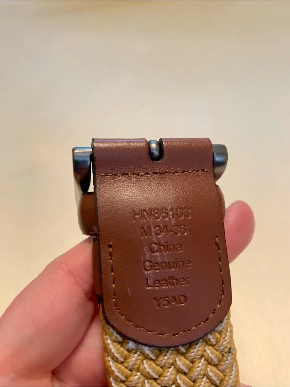Penguin Braided Tan Stretch Belt with Brown Leather Trim, Size Medium (24-36)